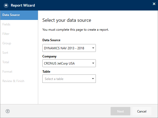 Select Data source of Report wizard