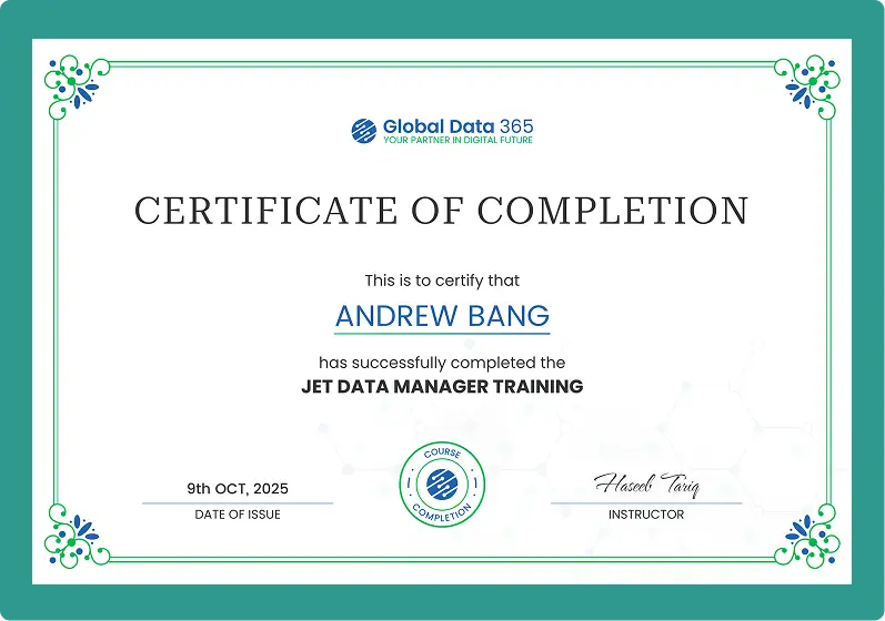 Jet Data Manager Training certificate